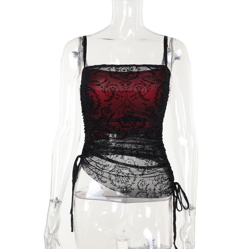 Women's Flocking Strap Tube Elegant Lace Bell-bottom Asymmetric Tops