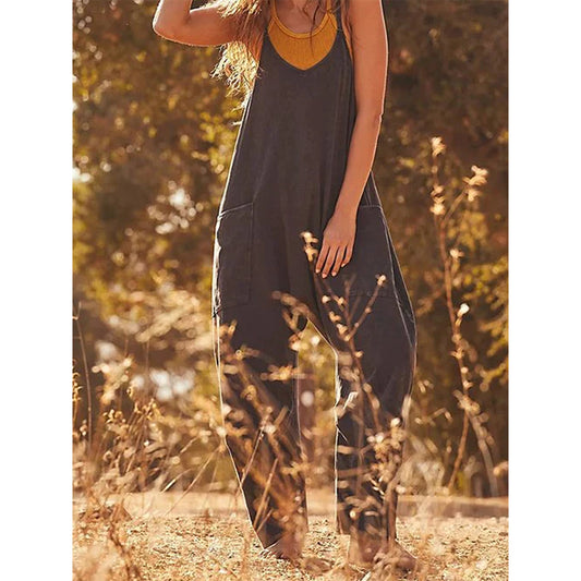 Women's Wear Pure Color Stickers Bag Zipper Jumpsuits