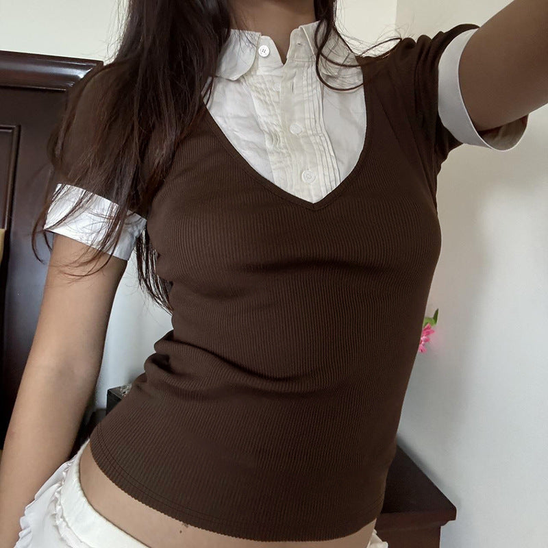Fake Two Pieces Contrast Color Sleeve Girly Blouses