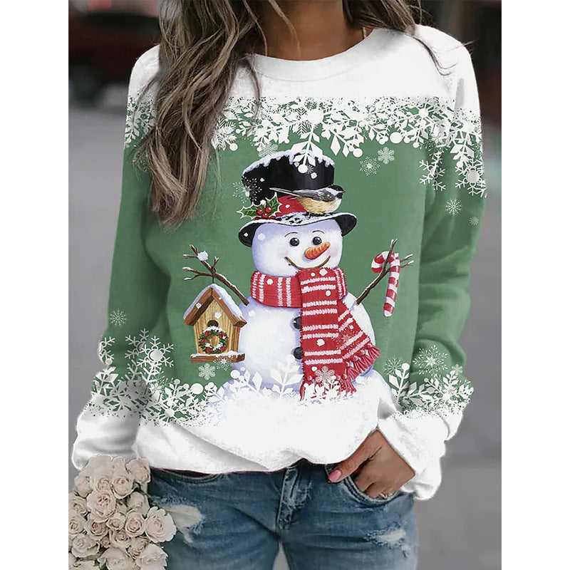 Women's Christmas Snowman Printed Long-sleeved Casual Loose Blouses