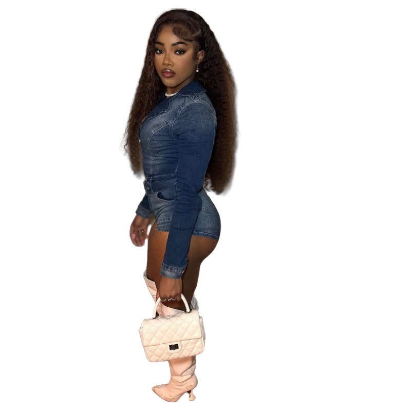 Women's Zipper Solid Color Stitching Stretch Denim Jumpsuits