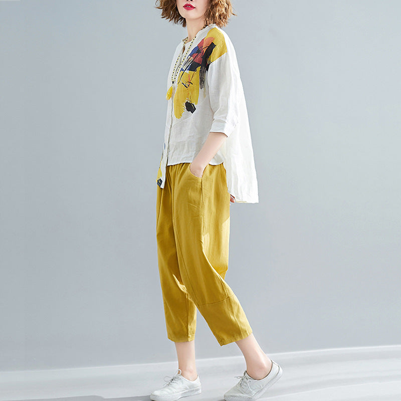 Women's Summer Loose Printed Chiffon Irregular White Shirt Casual Suits