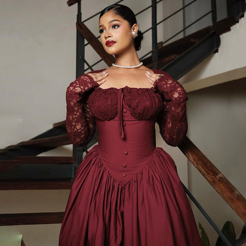 Women's Spring Temperament Square Collar Lace Long Dresses