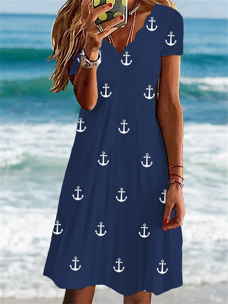 Summer Printed Short-sleeved Fluted Collar Dress Dresses