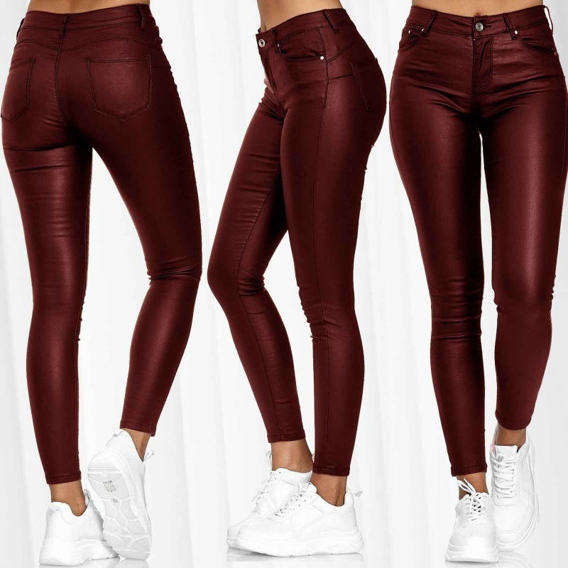 Women's Spring Solid Color Leather Casual Skinny Pants