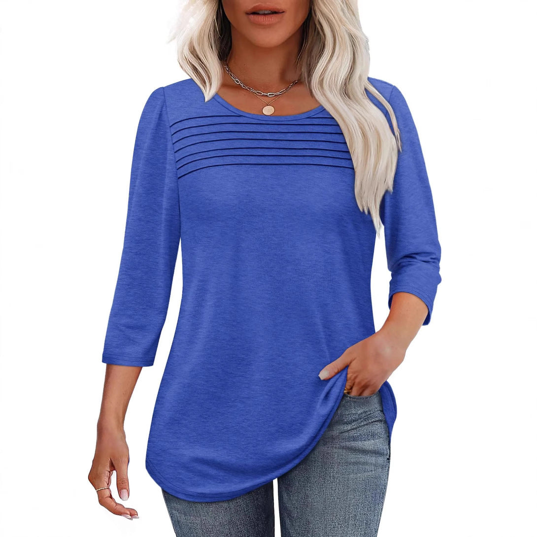 Women's Round Neck Sleeves Chest Tuck Line Blouses