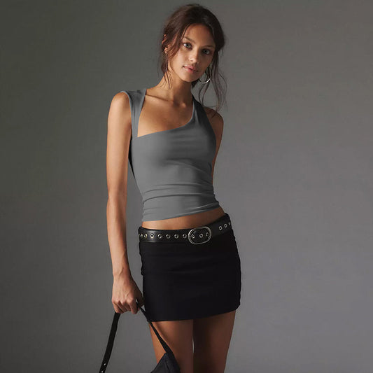 Women's Irregular Neckline Sexy Backless T-shirt Slim Tops