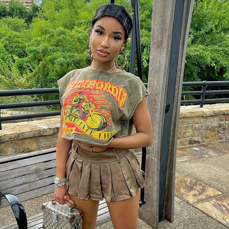 Neck Printed Sleeveless T-shirt Female Hot Shorts