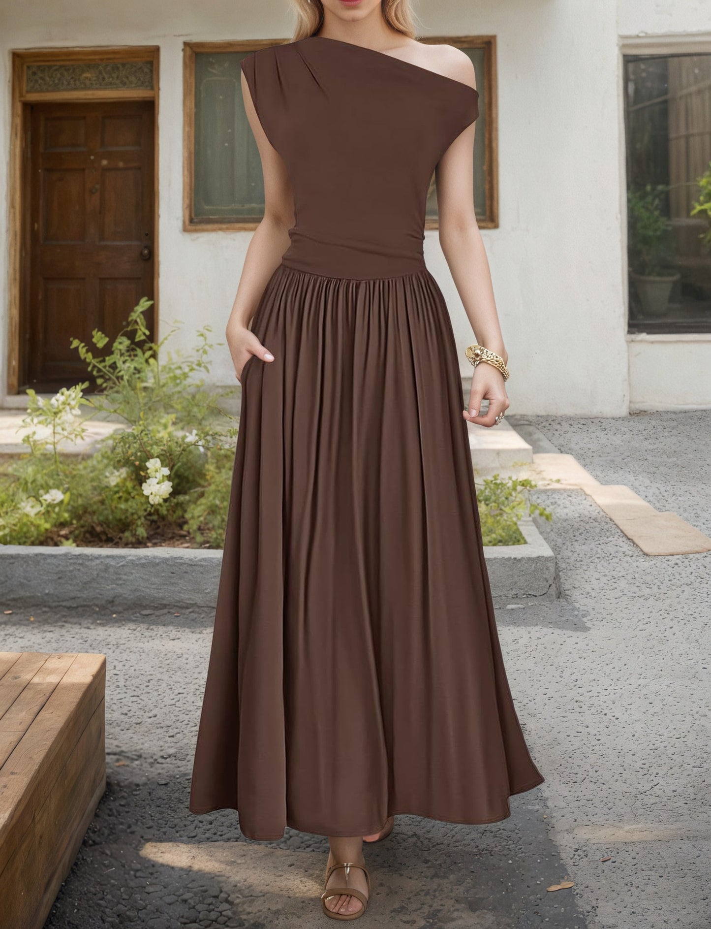Women's Slant Shoulder Pocket Dress Summer Elegant Dresses