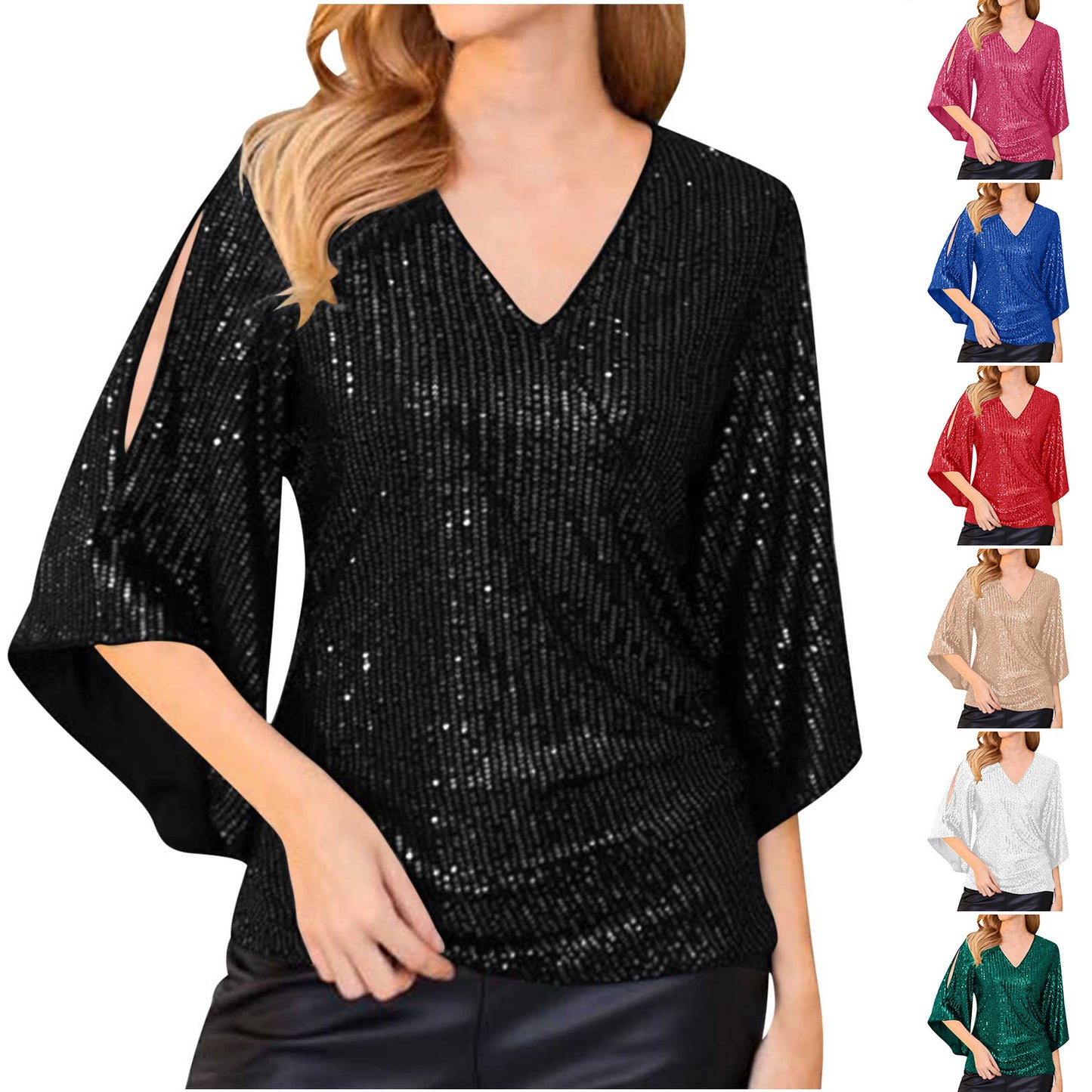 Women's Loose Mid-length Sequined T-shirt Short-sleeved Pullover Blouses