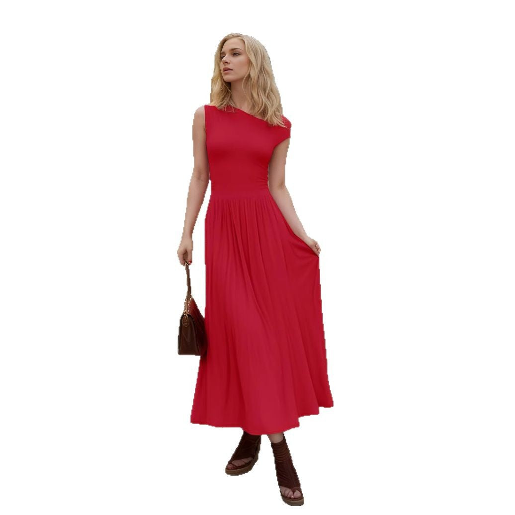 Women's Slant Shoulder Pocket Dress Summer Elegant Dresses