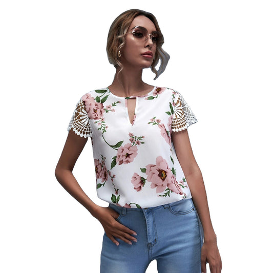 Women's Pullover Round Neck Lace Sleeve Printed Blouses