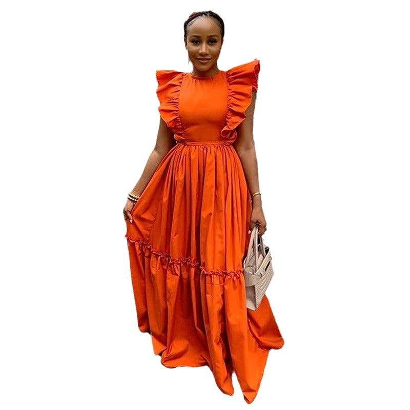 Women's Neck Waist Trimming Long Large Hem Dresses
