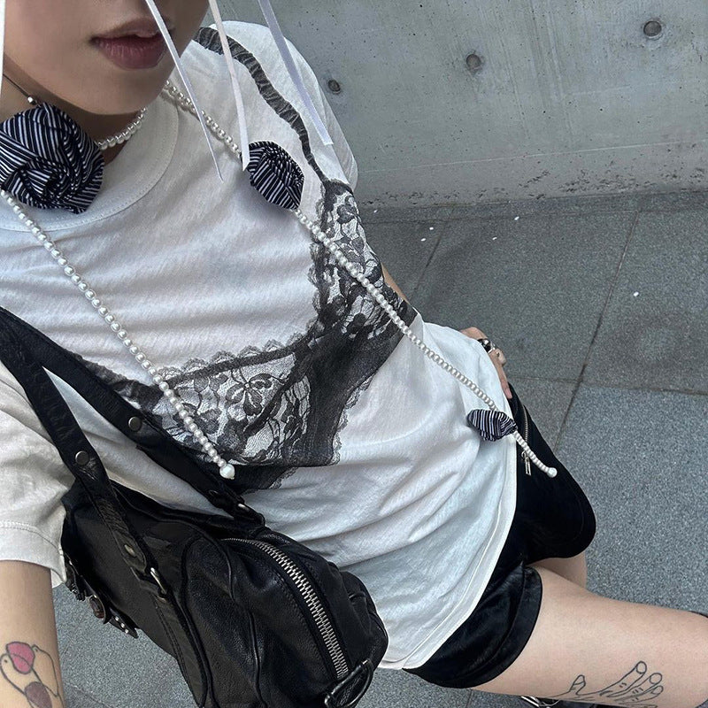 Design Contrast Color Lace Corset Printed T-shirt Blouses