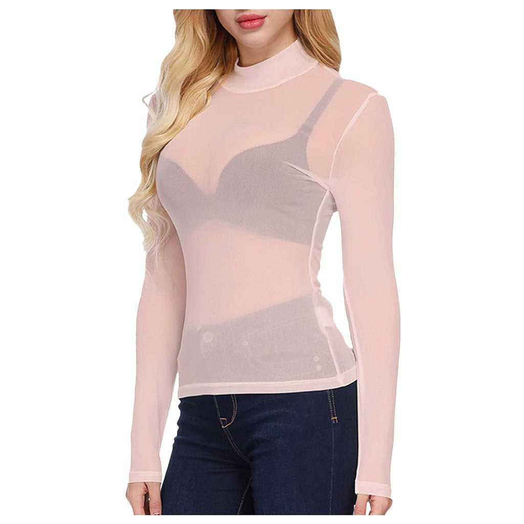 Women's Tight Sexy Mesh Bottoming Shirt Transparent Long Sleeve Blouses