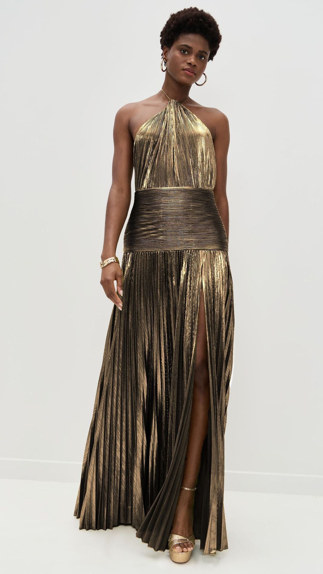 Women's Sleeveless Backless Metallic Pleated Split Halter Dresses