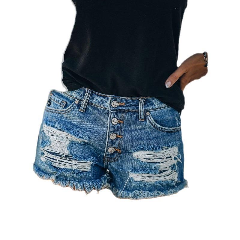 Women's Trendy Summer Ripped Tassel Breasted Denim Shorts