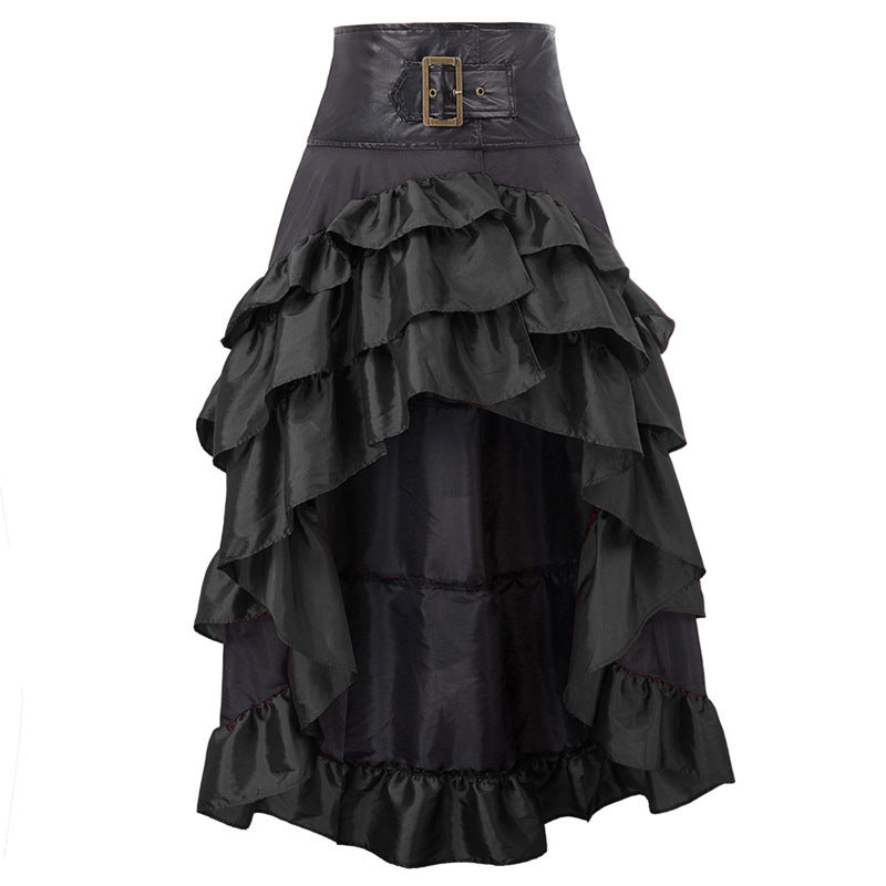Retro Front Long Back Irregular Ruffles High Waist Stitching Dresses