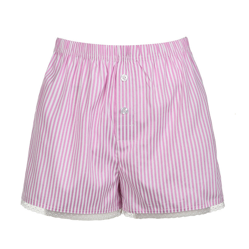Women's Summer Striped Woven Elastic High Waist Button Loose Casual Pants