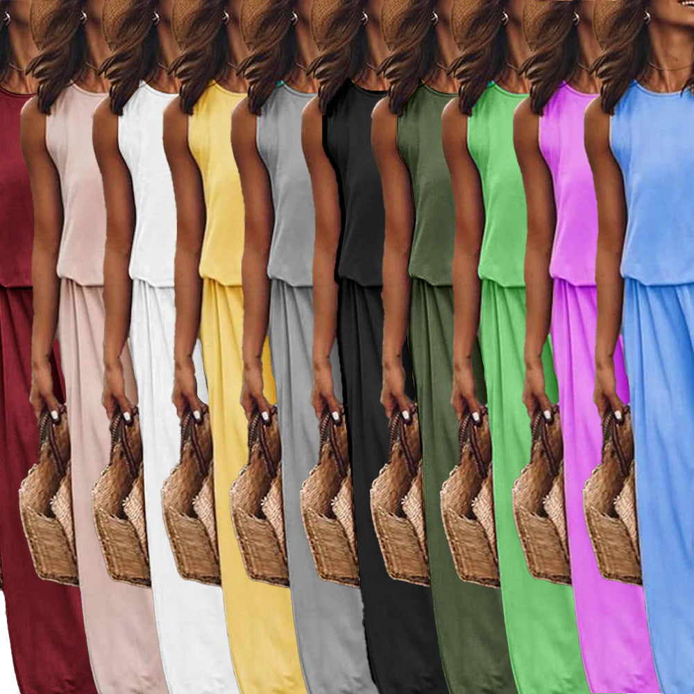 Women's Summer Round Neck Sleeveless Dress Split Dresses