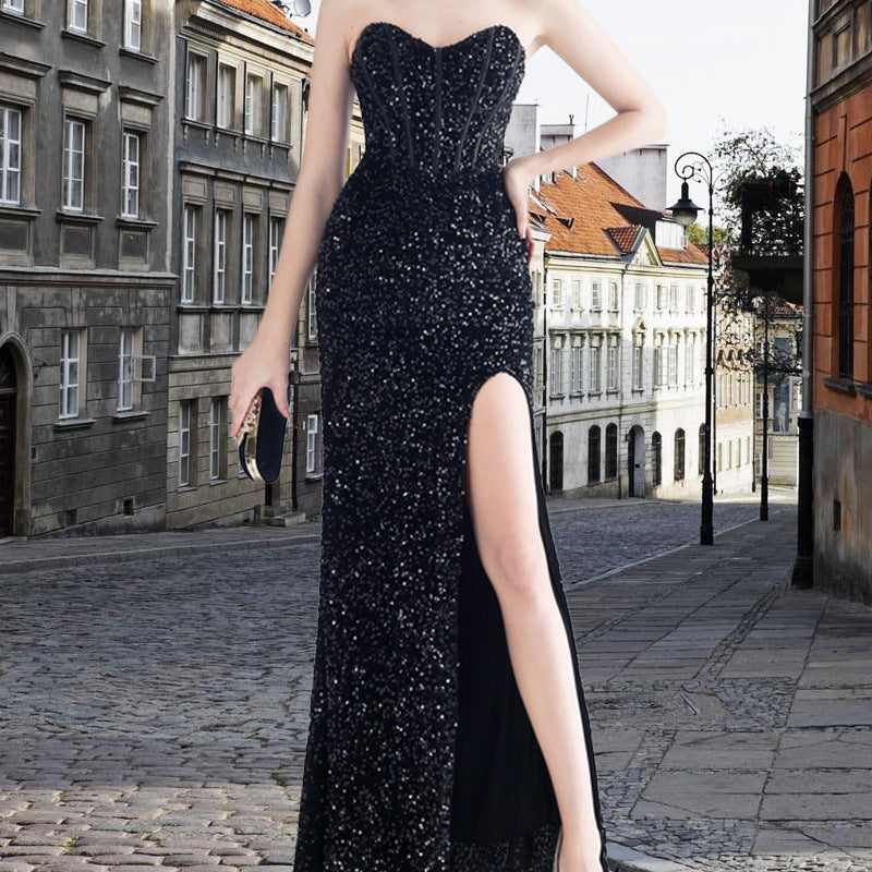 Sequin Back Lash Rope Bra Side Evening Dresses