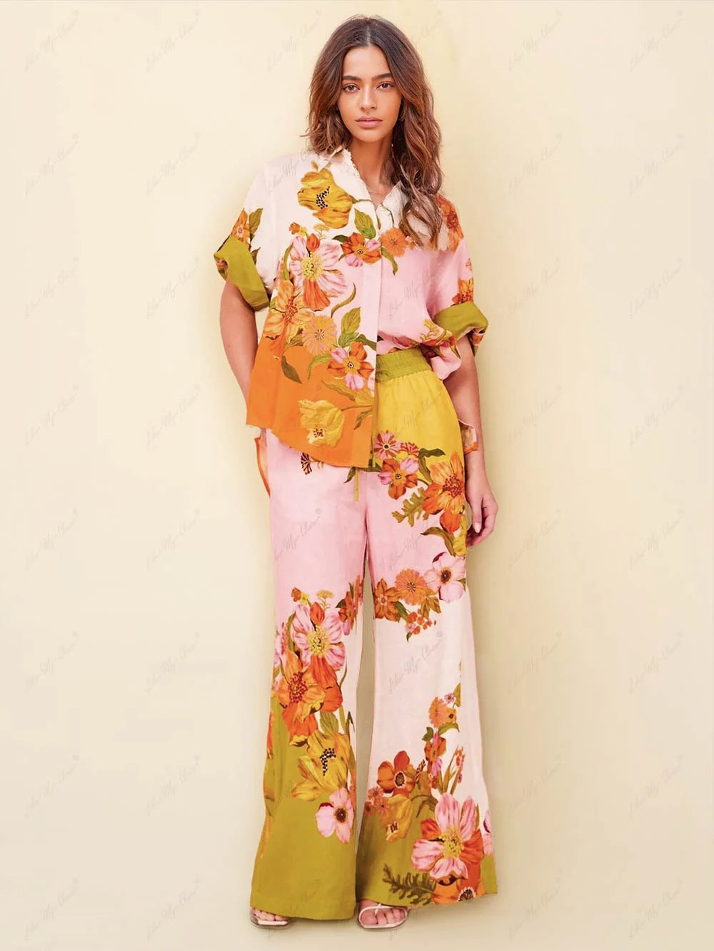 Women's Floral Print Sleeve Color Matching Tether Trousers Fashion Casual Suit