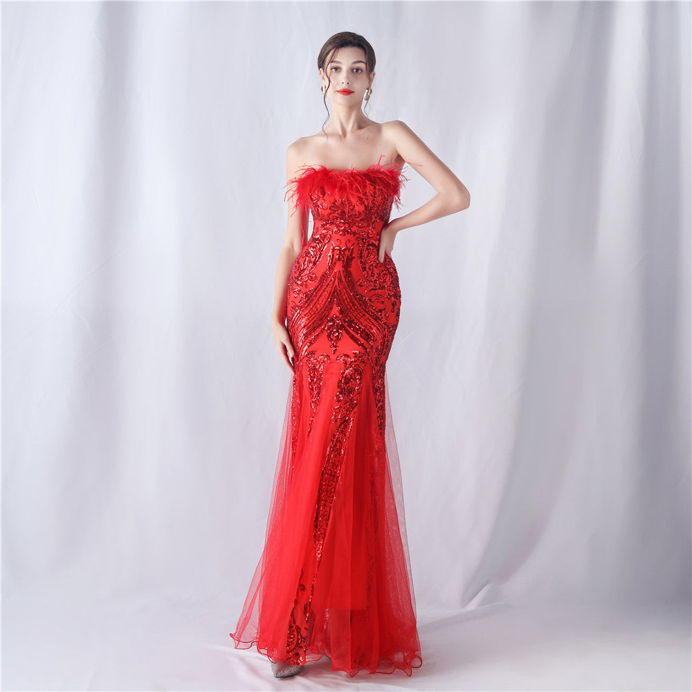 Ostrich Feather Positioning Flower Cutting Tube Evening Dresses