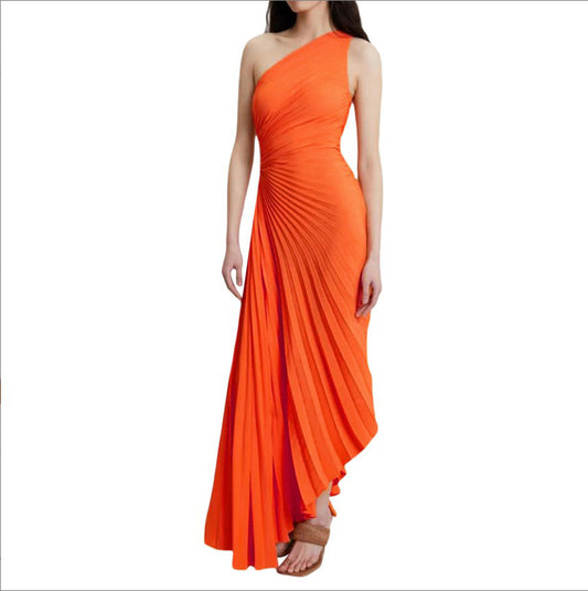 Women's Fashion Solid Color Casual Sexy Temperament One Shoulder Diagonal Evening Dresses