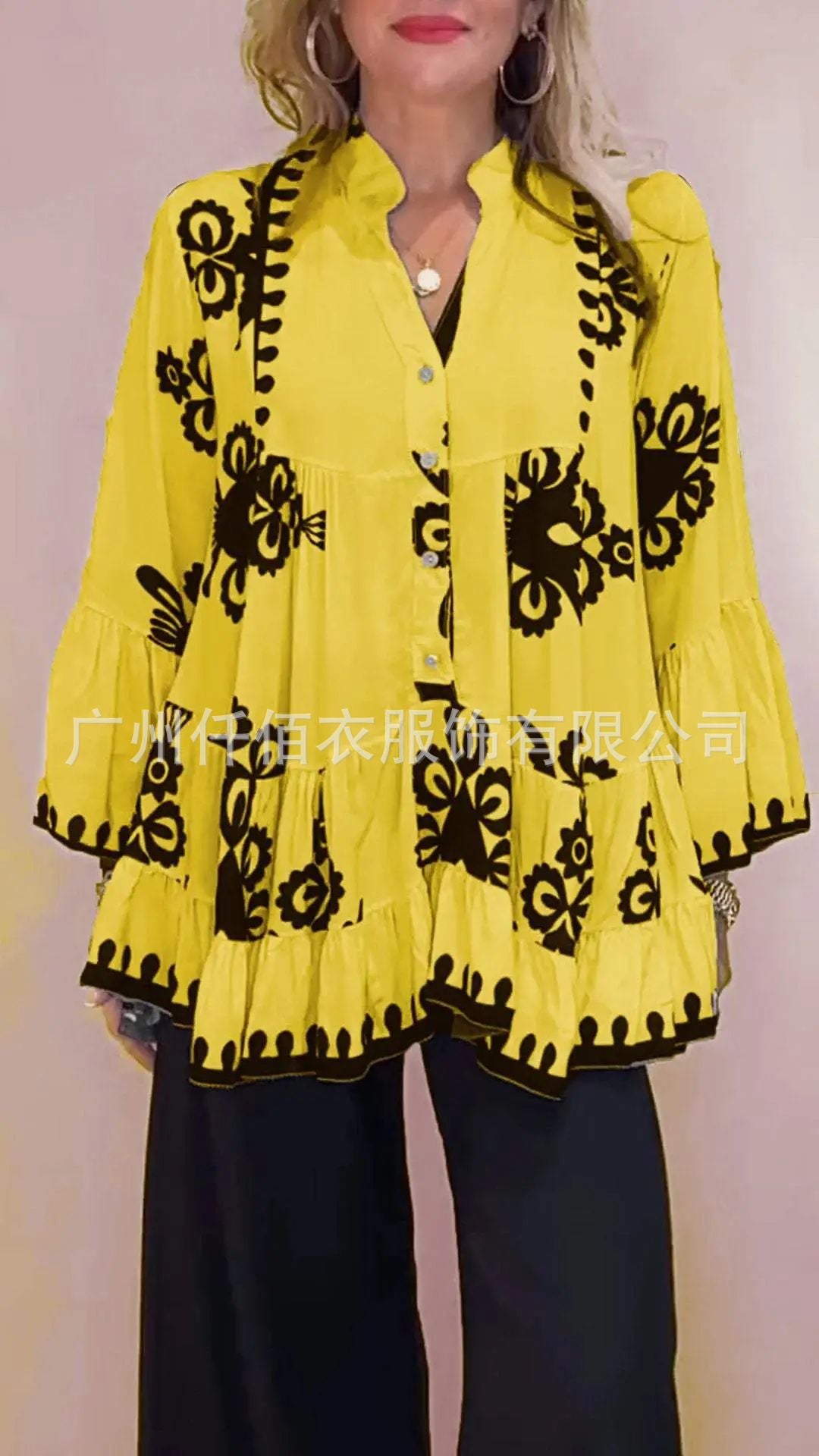 Geometric Pattern Printed Long Sleeve Ruffle Blouses