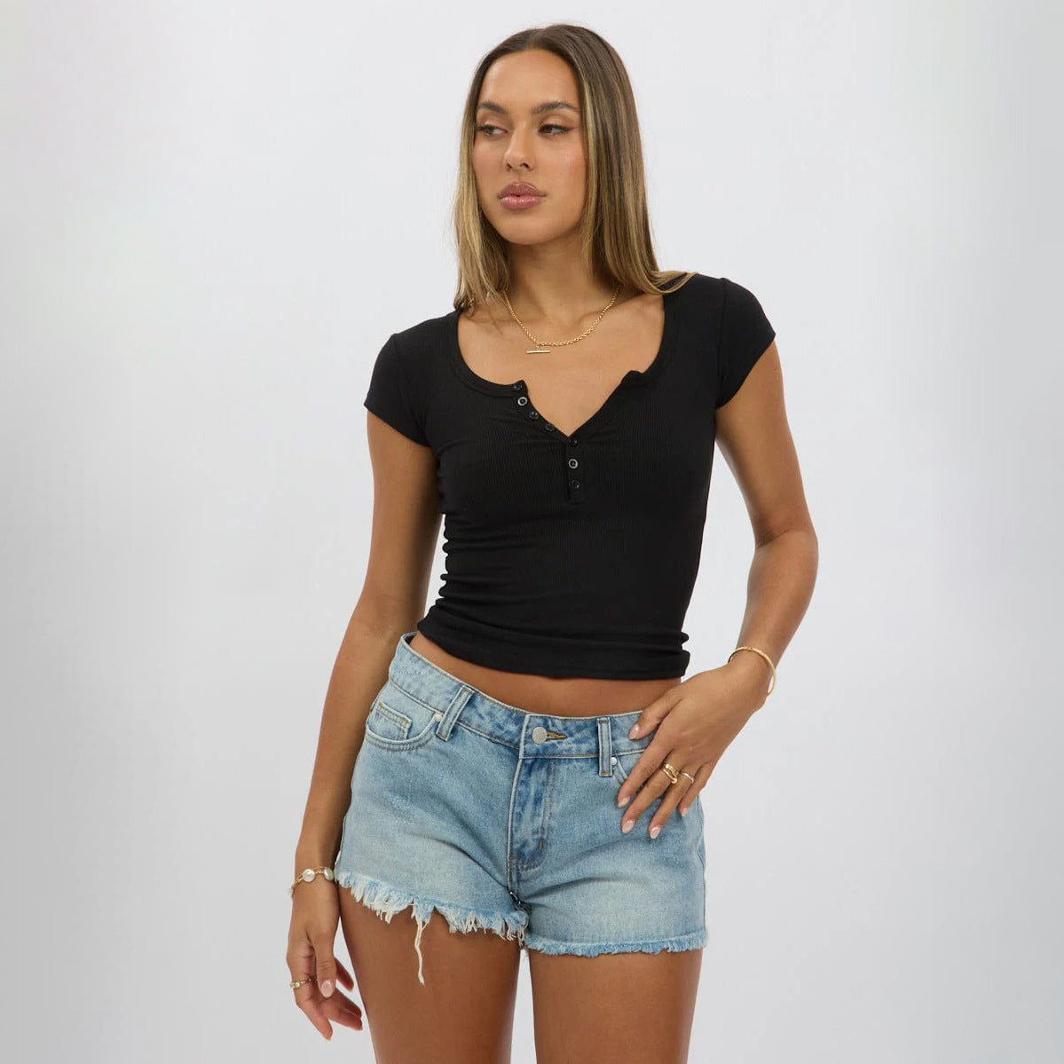 Women's Solid Color Placket Button Design Sexy Blouses