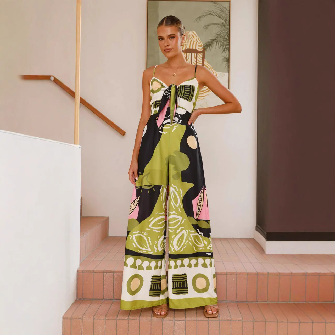 Smocking Suspender Knotted Wide Leg Straight Jumpsuits