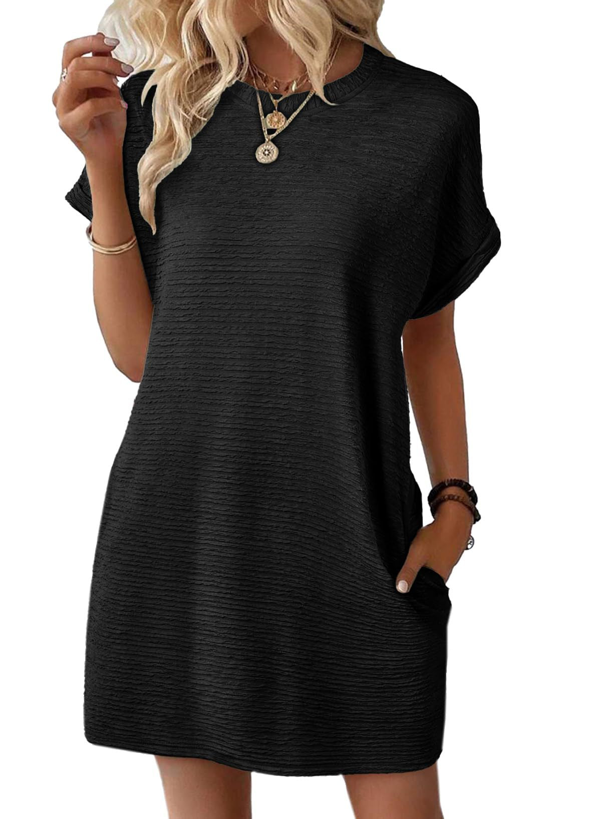 Women's Round Neck Pocket Solid Color Sleeve Shorts