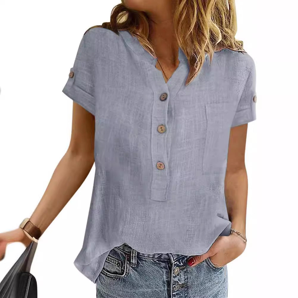 Women's Summer Retro Patchwork Cotton Linen Shirt Shorts