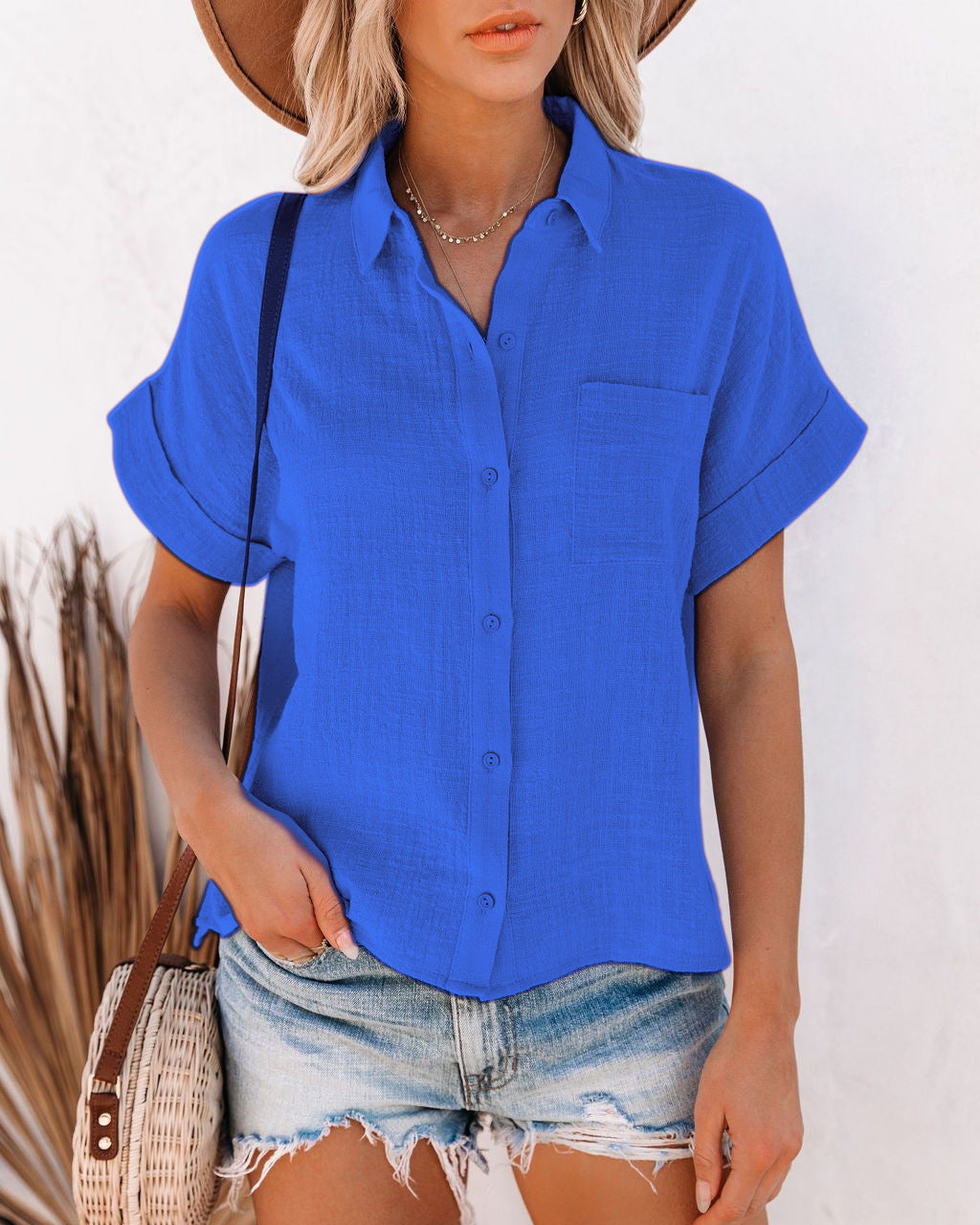 Women's Summer Cotton Linen Shirt Sleeve Lapel Blouses