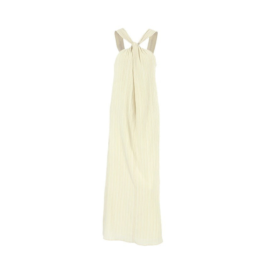 Women's Beige Sleeveless Halter Seaside Beach Leisure Dresses