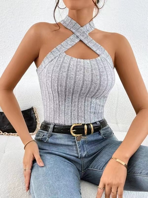 Halter Sleeveless Brushed Sunken Stripe Knitted Tops