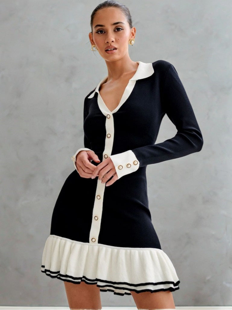 Bow Bandage Ruffled Knitted Dress Pearl Dresses
