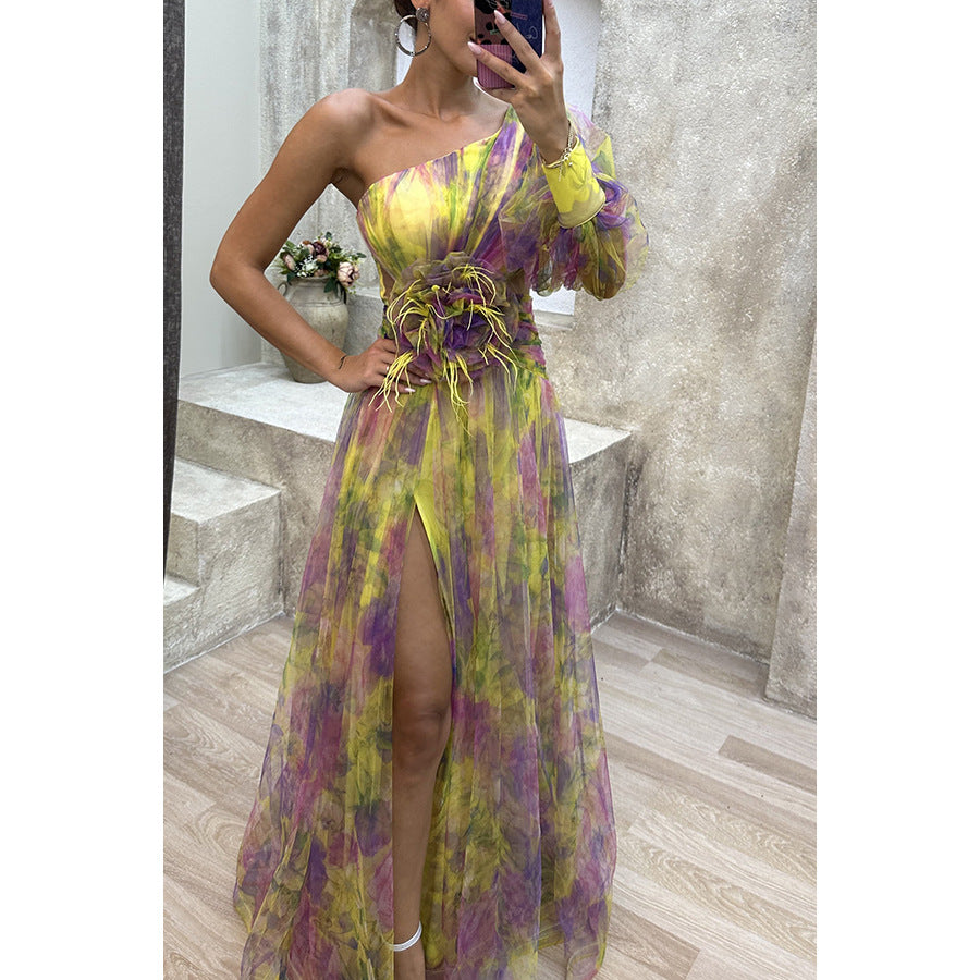 Women's Party Mesh Sloping Shoulder Dress Casual Dresses