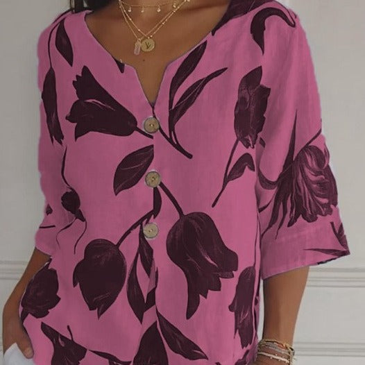 Printed Cotton Linen Short-sleeved Pullover Shirt Blouses