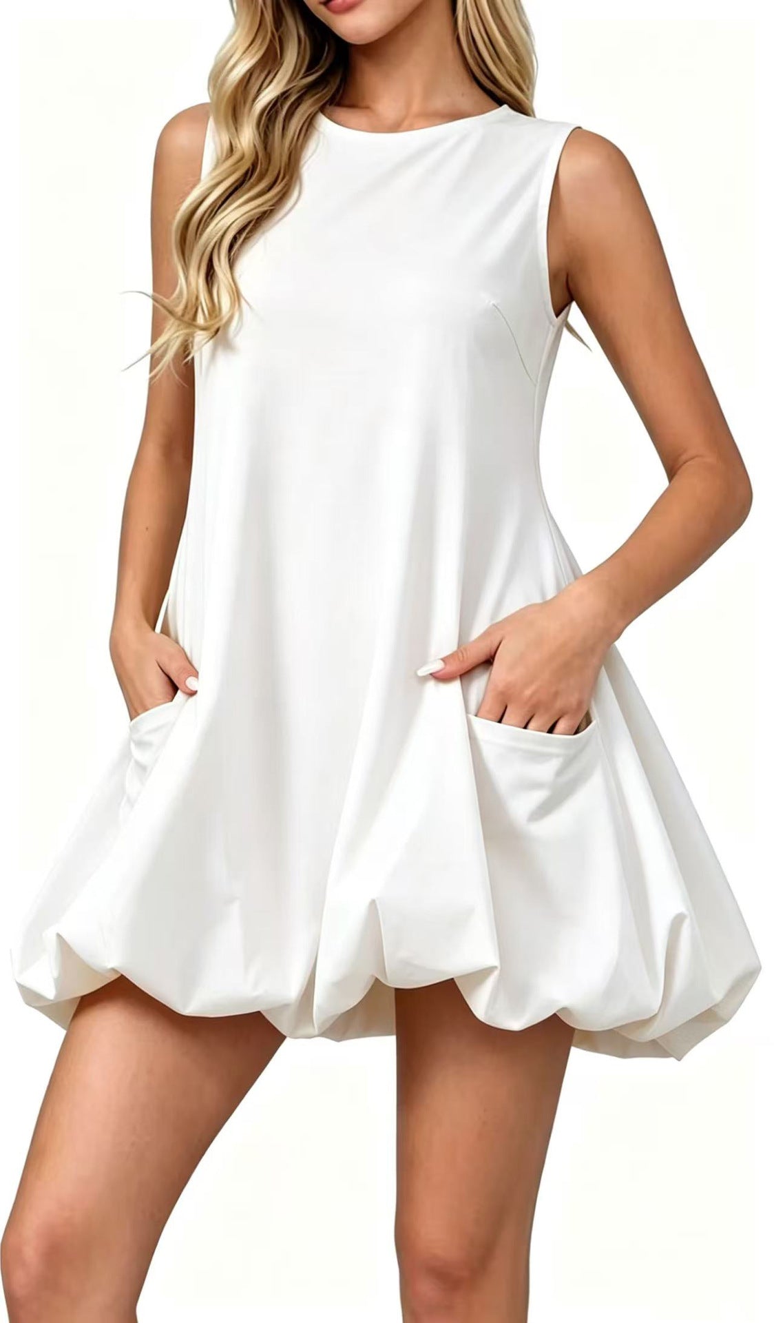 Summer Solid Color Sleeveless Bud Puff Elegant Beach Dress
