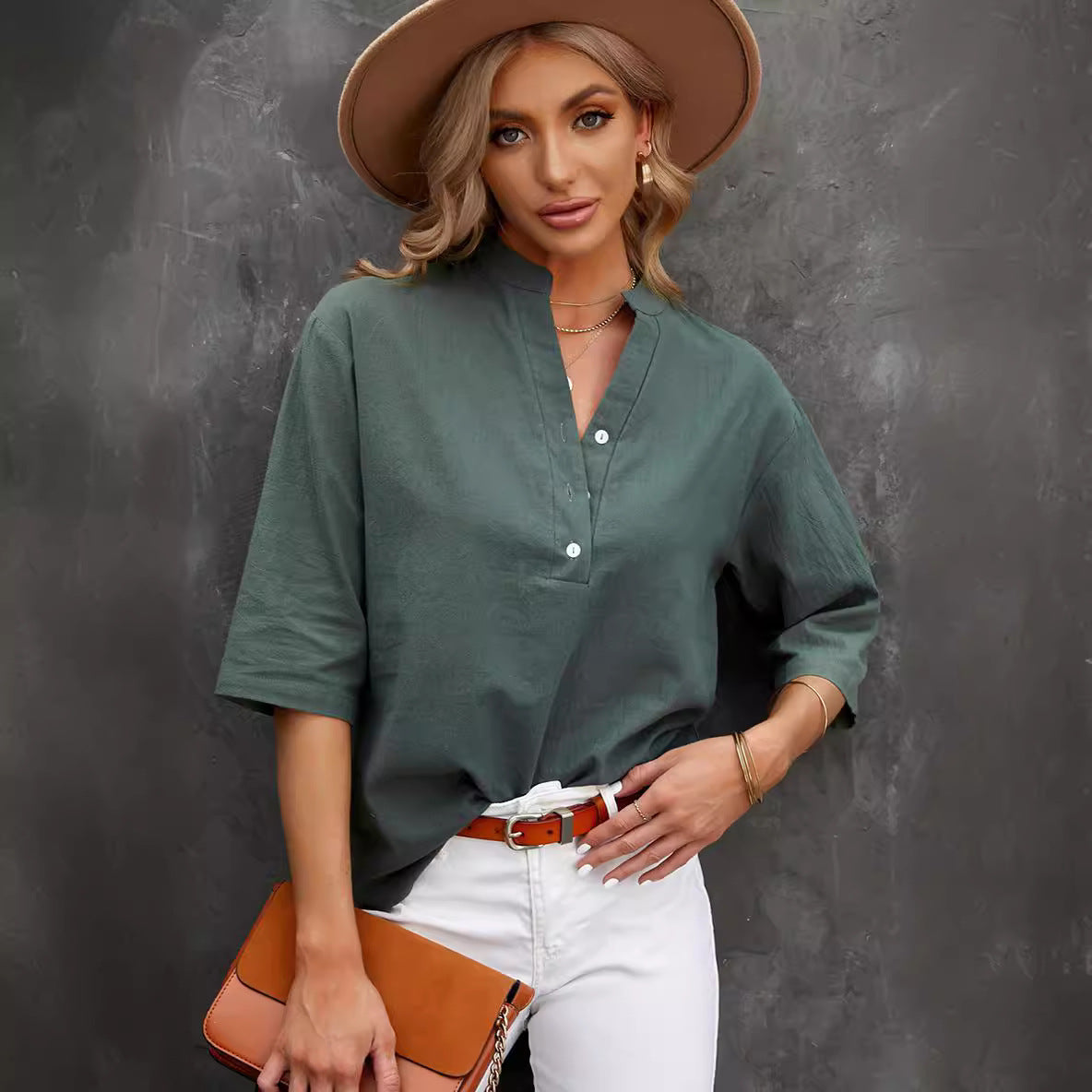 Women's Solid Color Leisure Pullover Half-sleeve Shirt Blouses