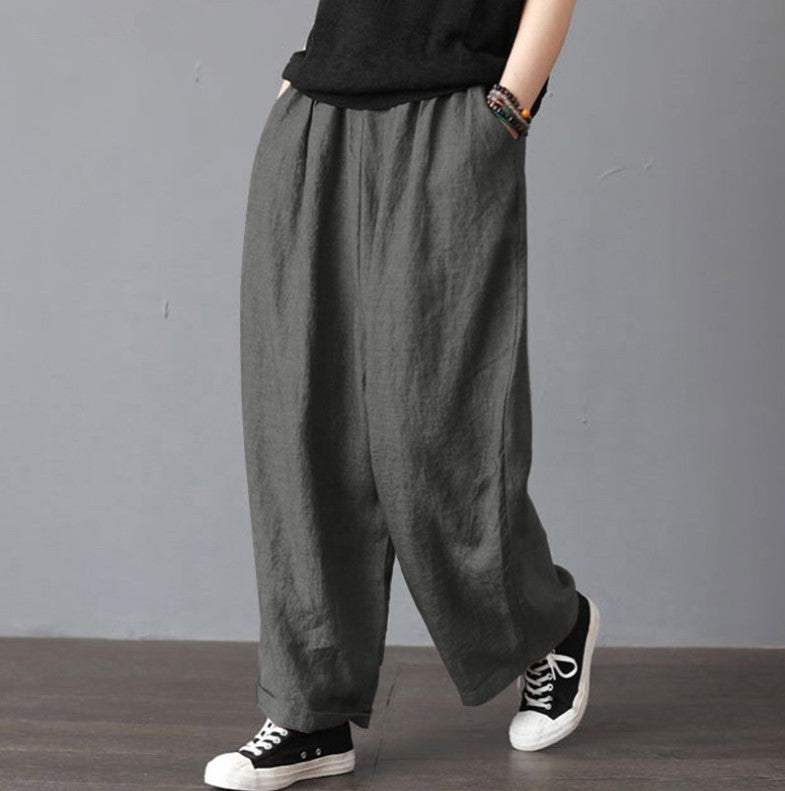 Women's Linen Casual Loose Mid Wide Leg Pants