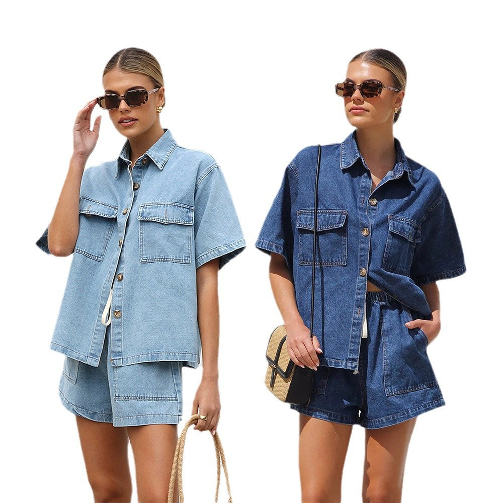 Women's Summer Casual Loose Pockets Short-sleeved Shirt Suits