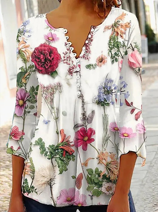 Women's Digital Printing Button T-shirt Flared Sleeves Clothing