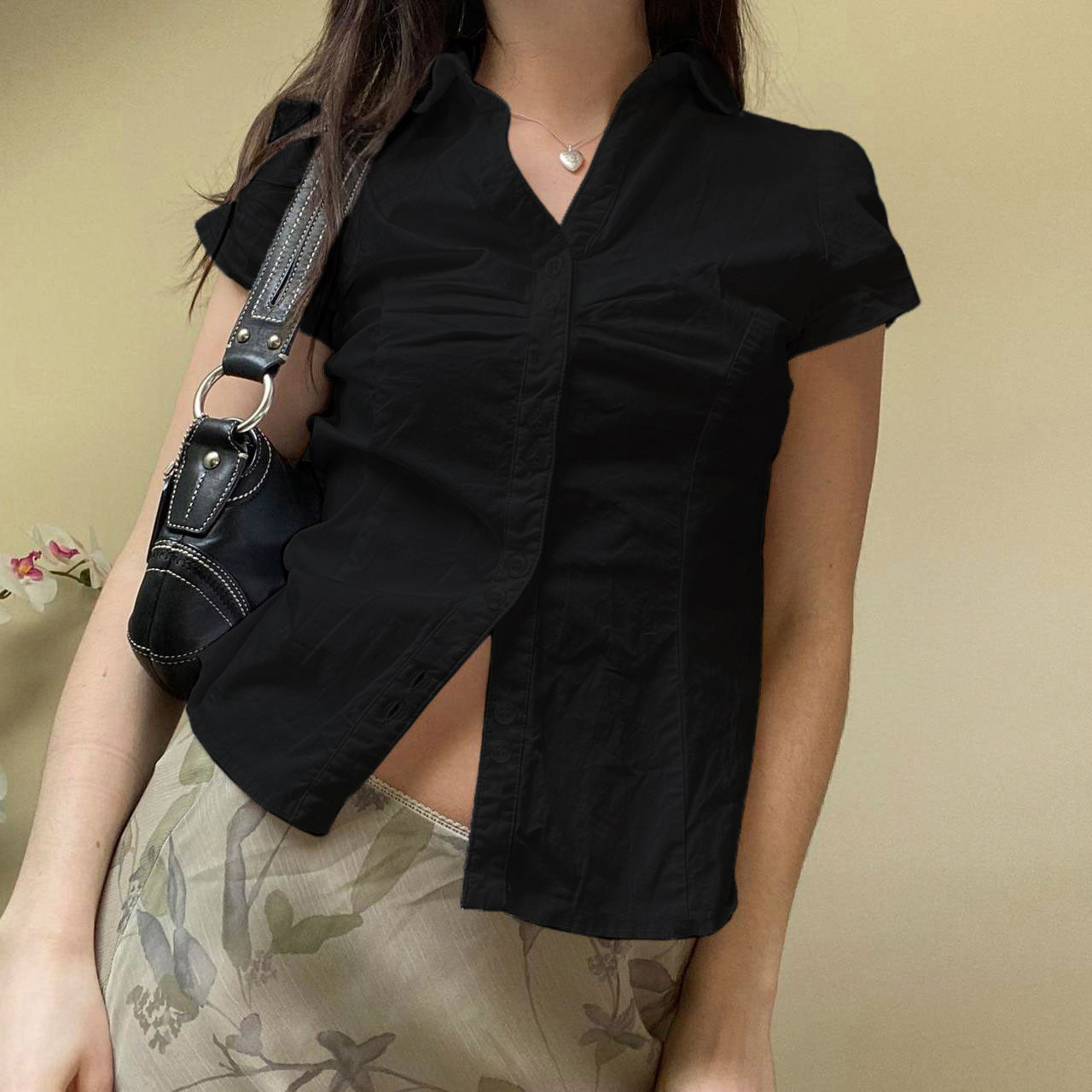 Women's Organ Pleated Solid Color Collar Short-sleeved Blouses