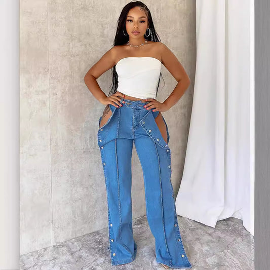 Women's Waist Fashion Street Double-sided Button Closure Jeans