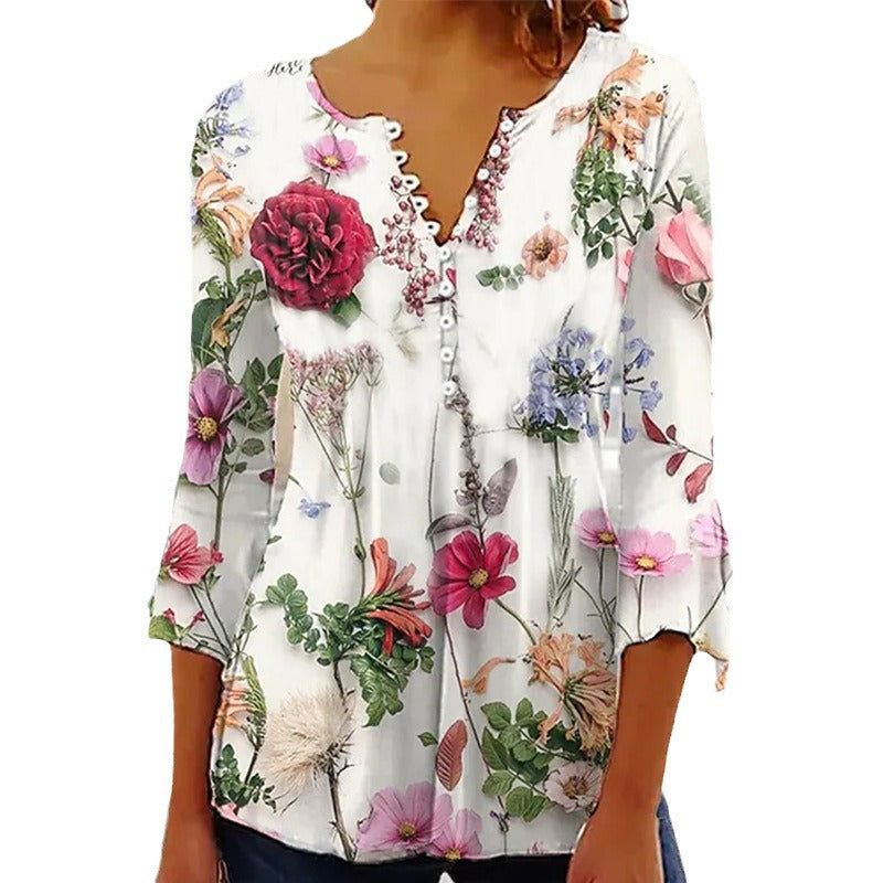 Women's Digital Printing Button T-shirt Flared Sleeves Clothing