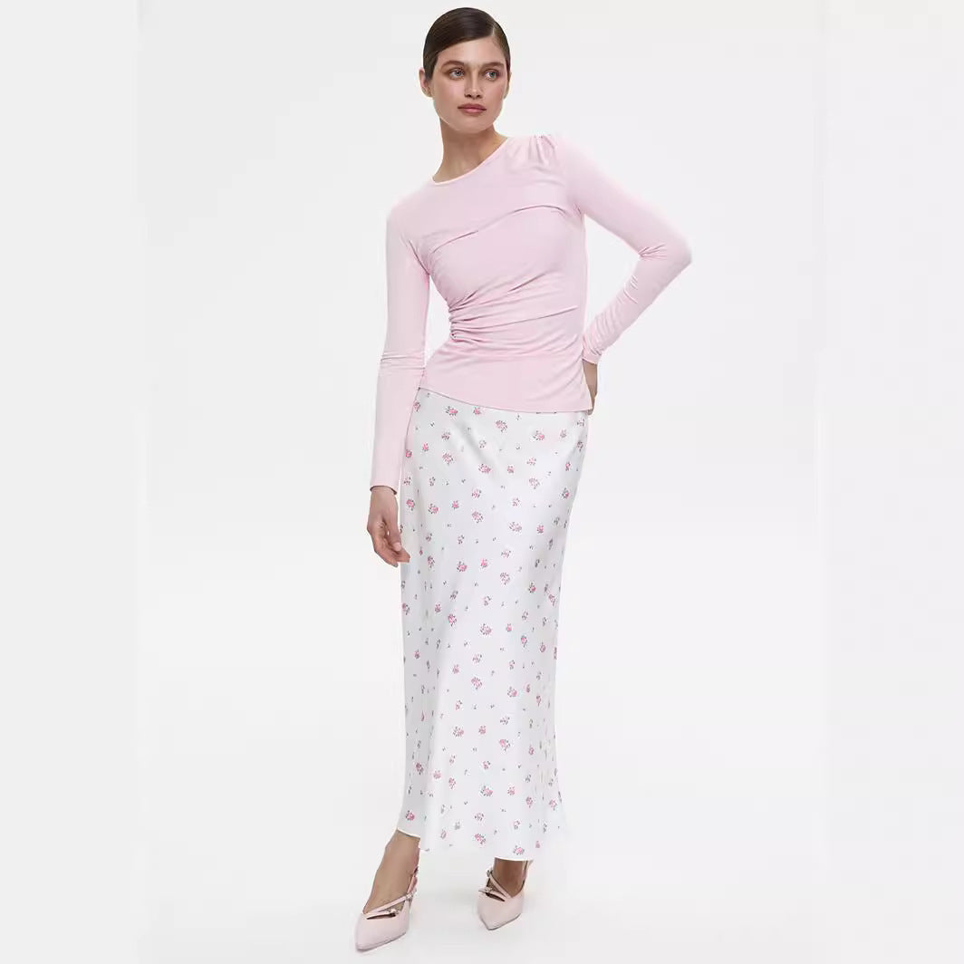 Printed Elegant Floral Satin High Waist Skirts