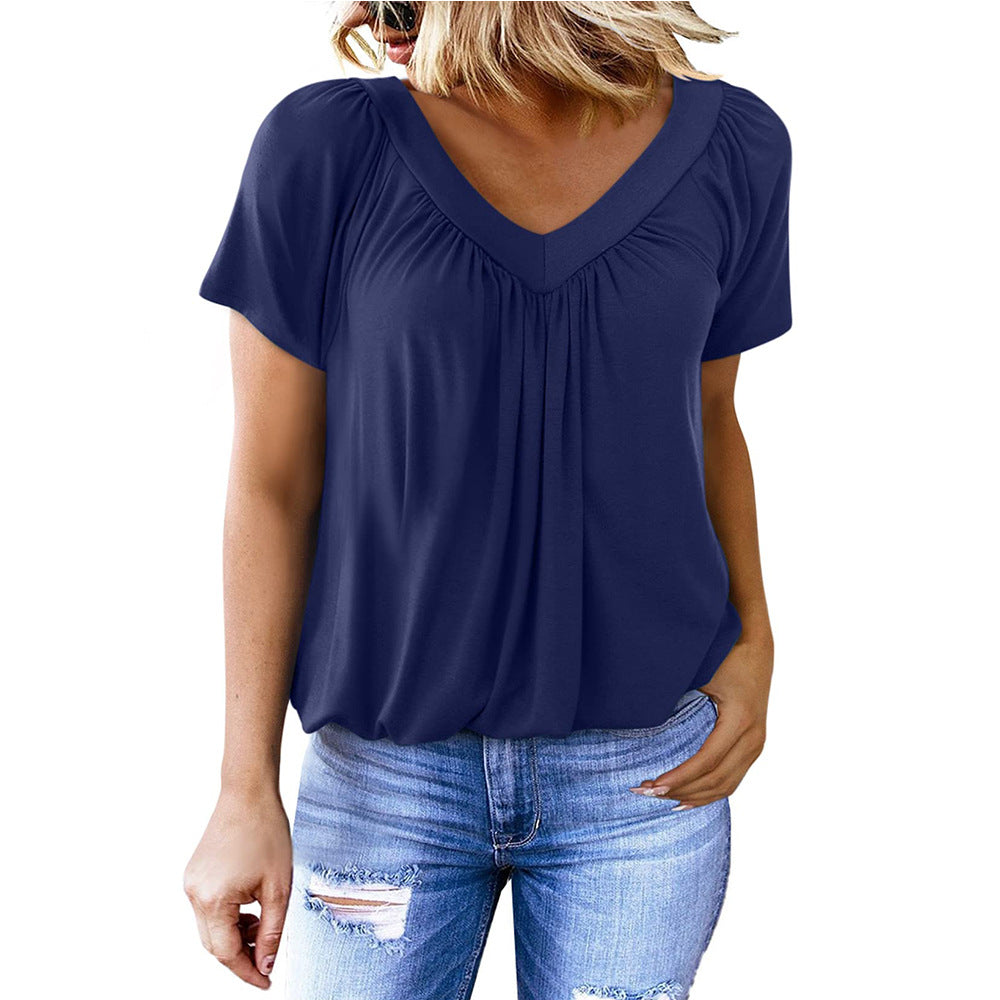 Women's Summer Pleated Loose Short-sleeved Cotton T-shirt Blouses