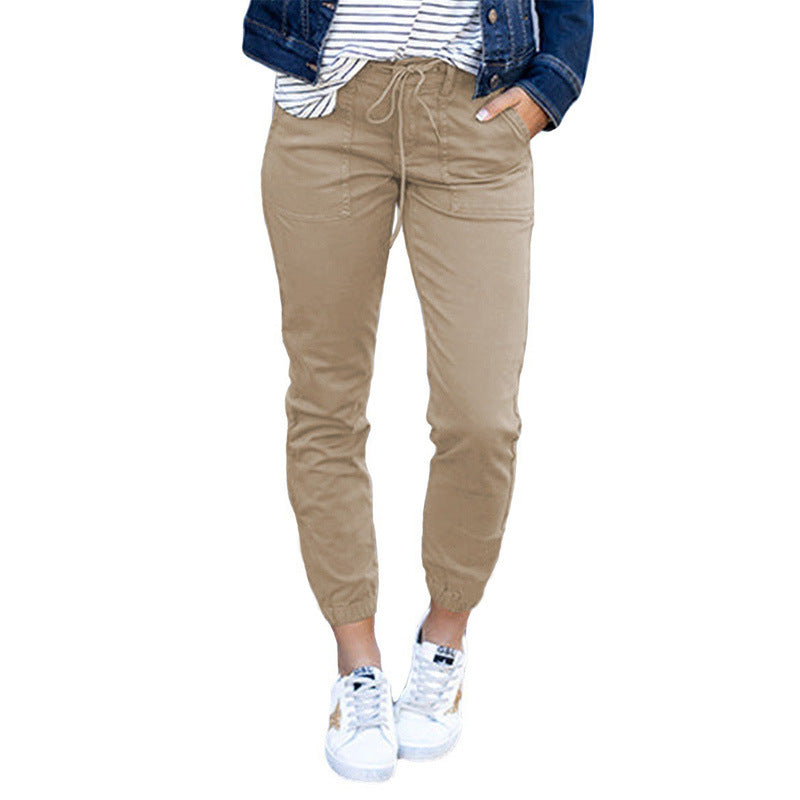 Women's Pocket Cropped Spring Pure Color Tied Pants